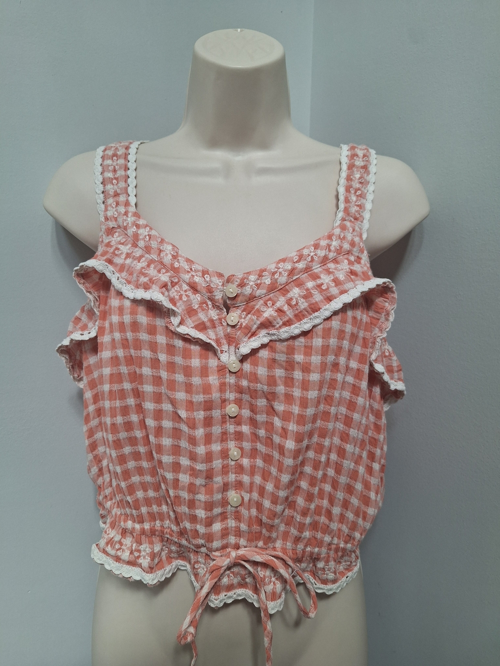 99% COTTON American Eagle Gingham Ruffle Button-Front Tank